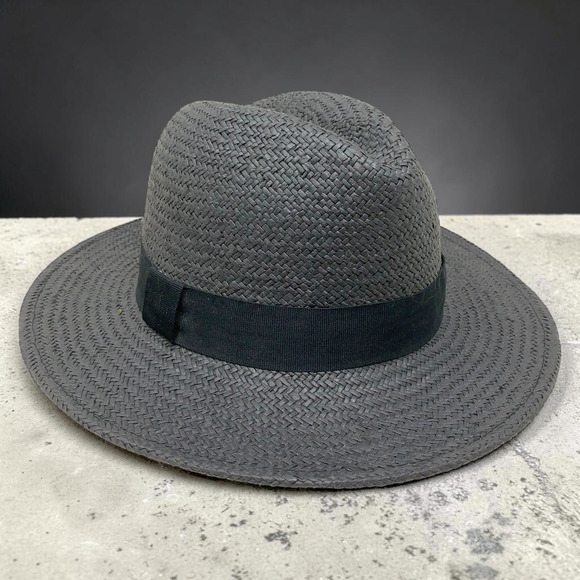 Banana Republic Gray Raffia Straw Wide Brim Fedora Hat Adjustable Coastal OSFM